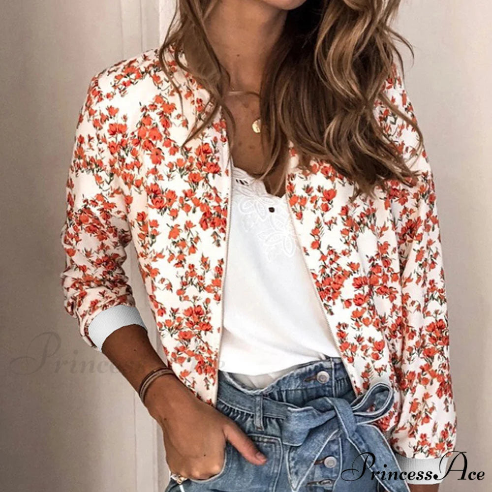 Floral Printed Elegant Zipper Bomber Coat
