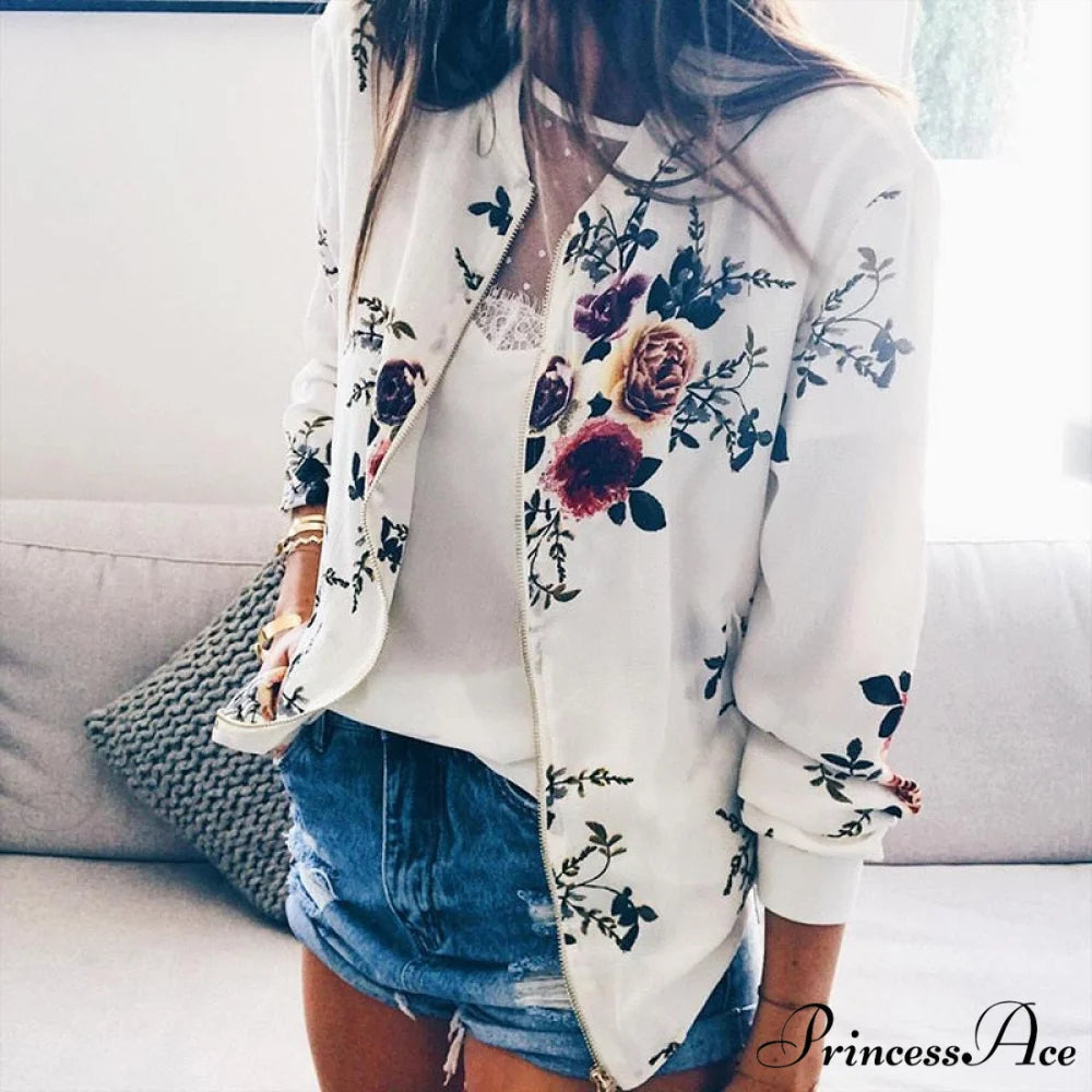 Floral Printed Elegant Zipper Bomber Coat White / S