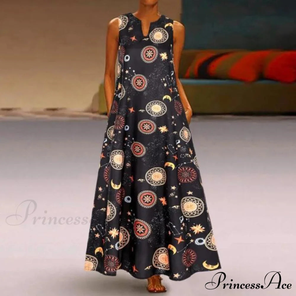 Floral Printed Maxi Long Dress black / S