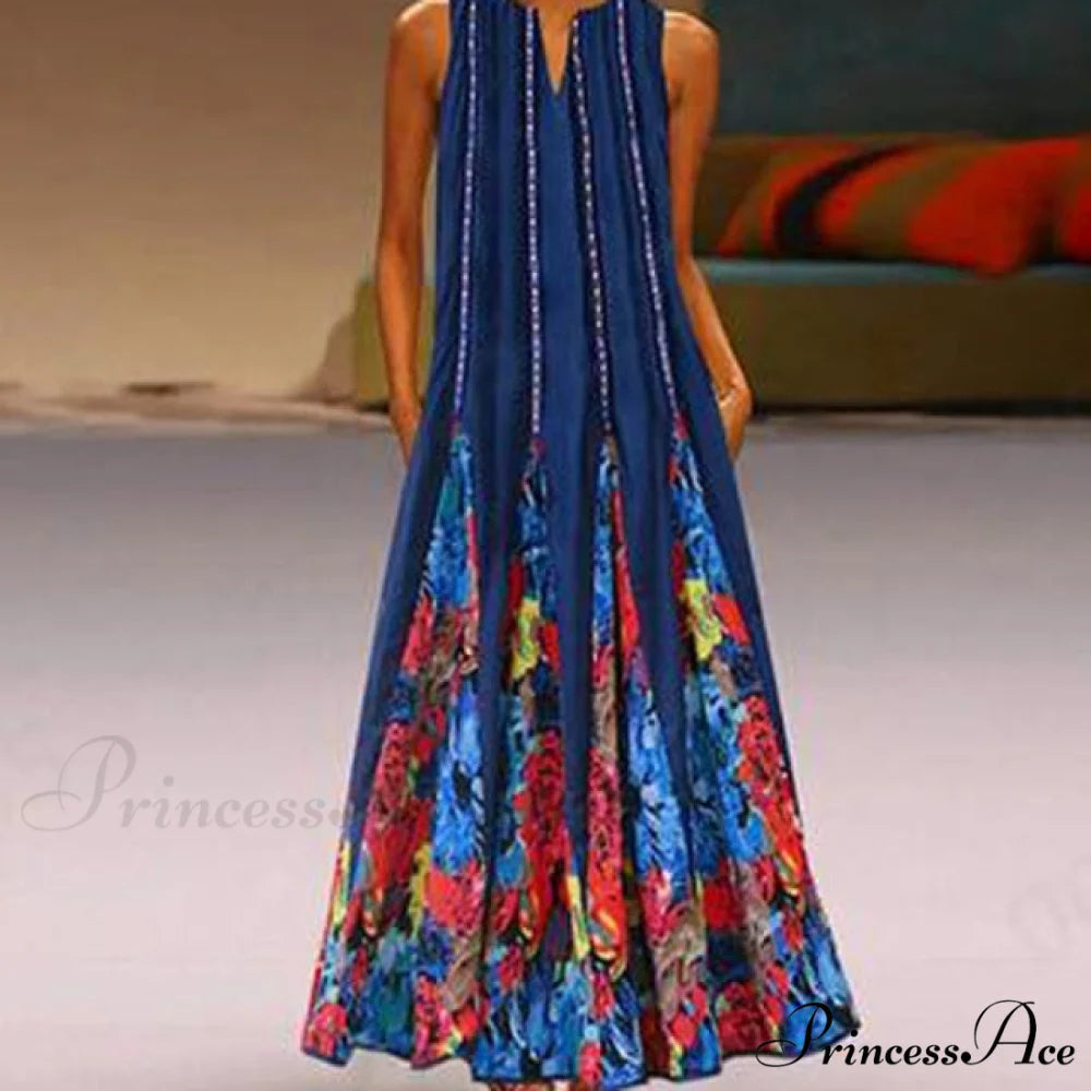 Floral Printed Maxi Long Dress dark blue / S