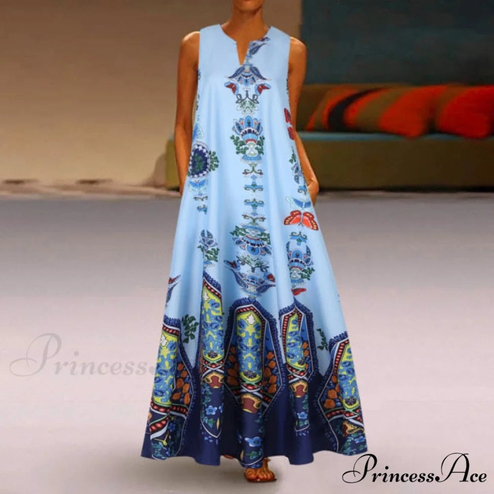 Floral Printed Maxi Long Dress light blue / 5XL