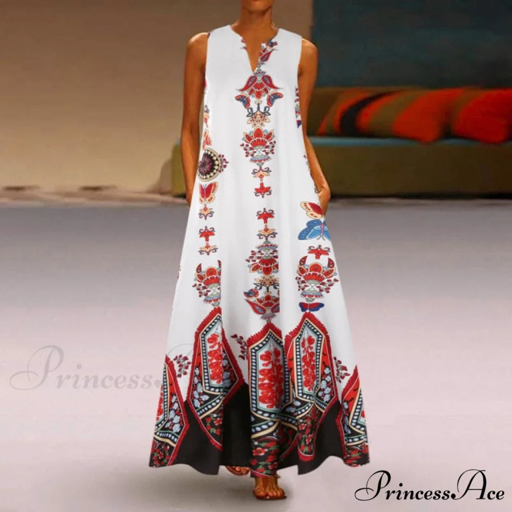 Floral Printed Maxi Long Dress white 1 / 5XL