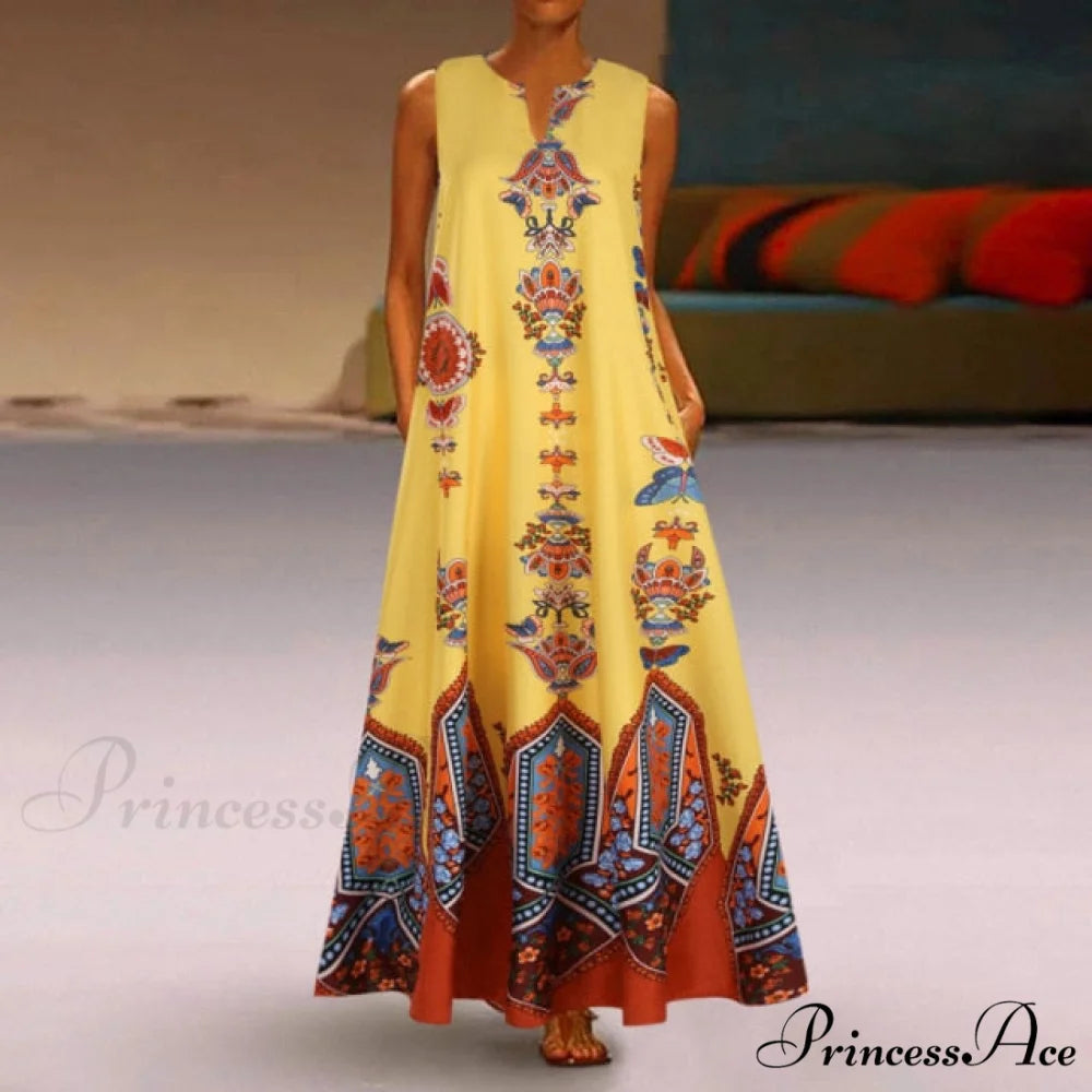 Floral Printed Maxi Long Dress yellow / S