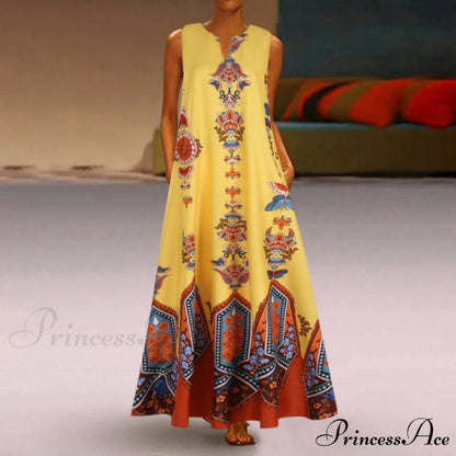 Floral Printed Maxi Long Dress yellow / S