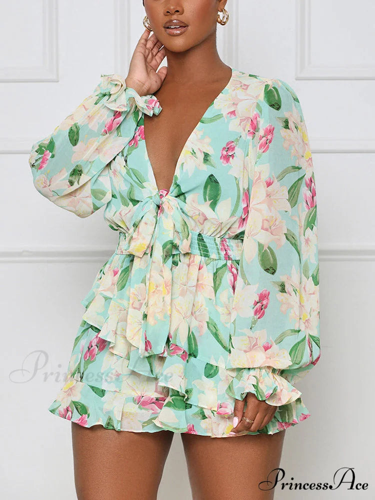Floral Printed Puff Trendy Sleeve Midi Dress Green / S