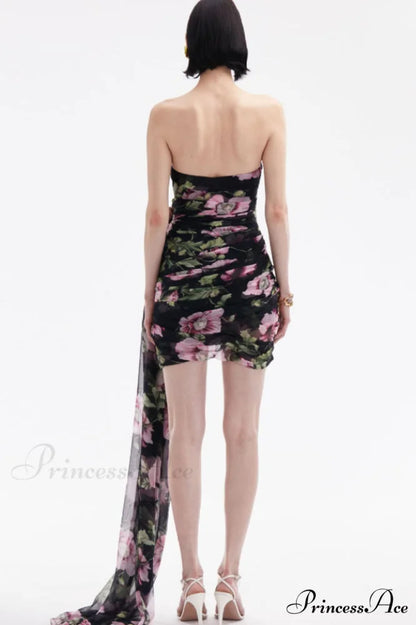 Floral Printed Strapless Charming Draped Mini Dress