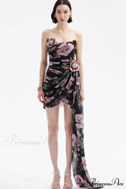 Floral Printed Strapless Charming Draped Mini Dress