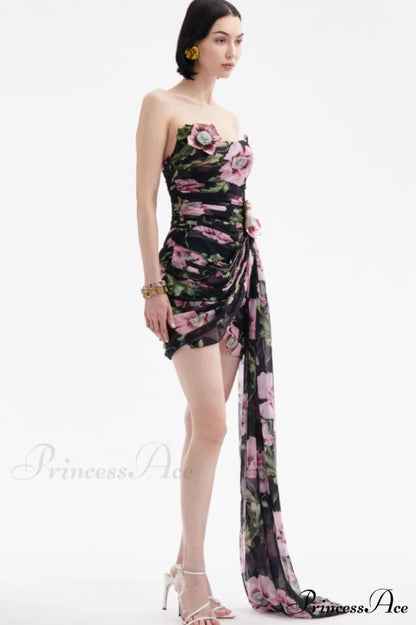 Floral Printed Strapless Charming Draped Mini Dress