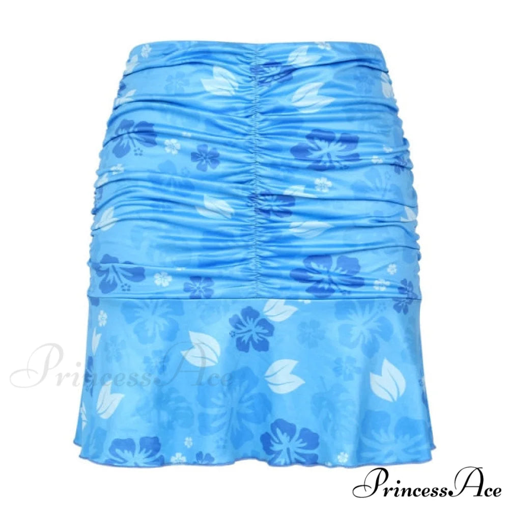 Floral Printing Ruched Slim Short Mini Skirt Floral Blue / S