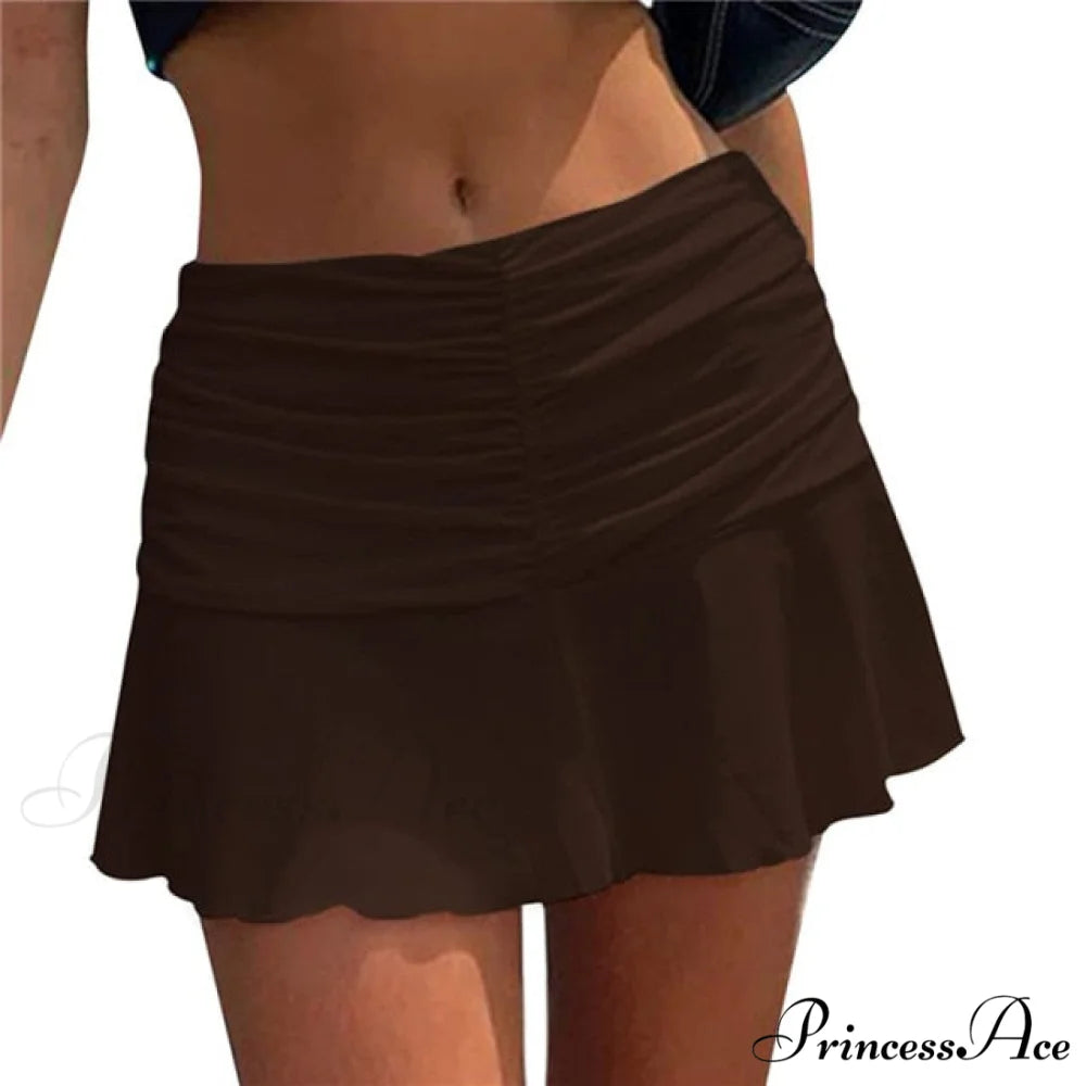 Floral Printing Ruched Slim Short Mini Skirt Dark Brown / S