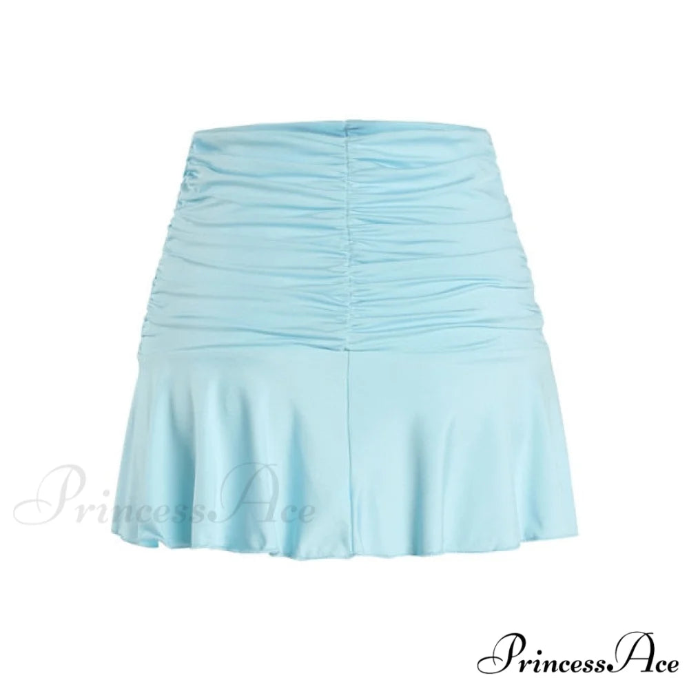 Floral Printing Ruched Slim Short Mini Skirt Light Blue / S