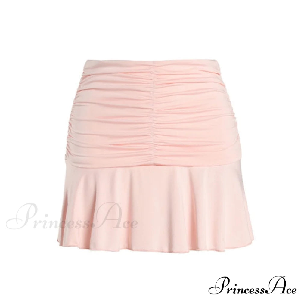 Floral Printing Ruched Slim Short Mini Skirt Light Pink / S