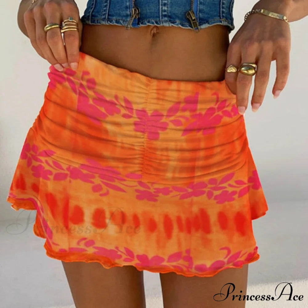 Floral Printing Ruched Slim Short Mini Skirt Orange / S