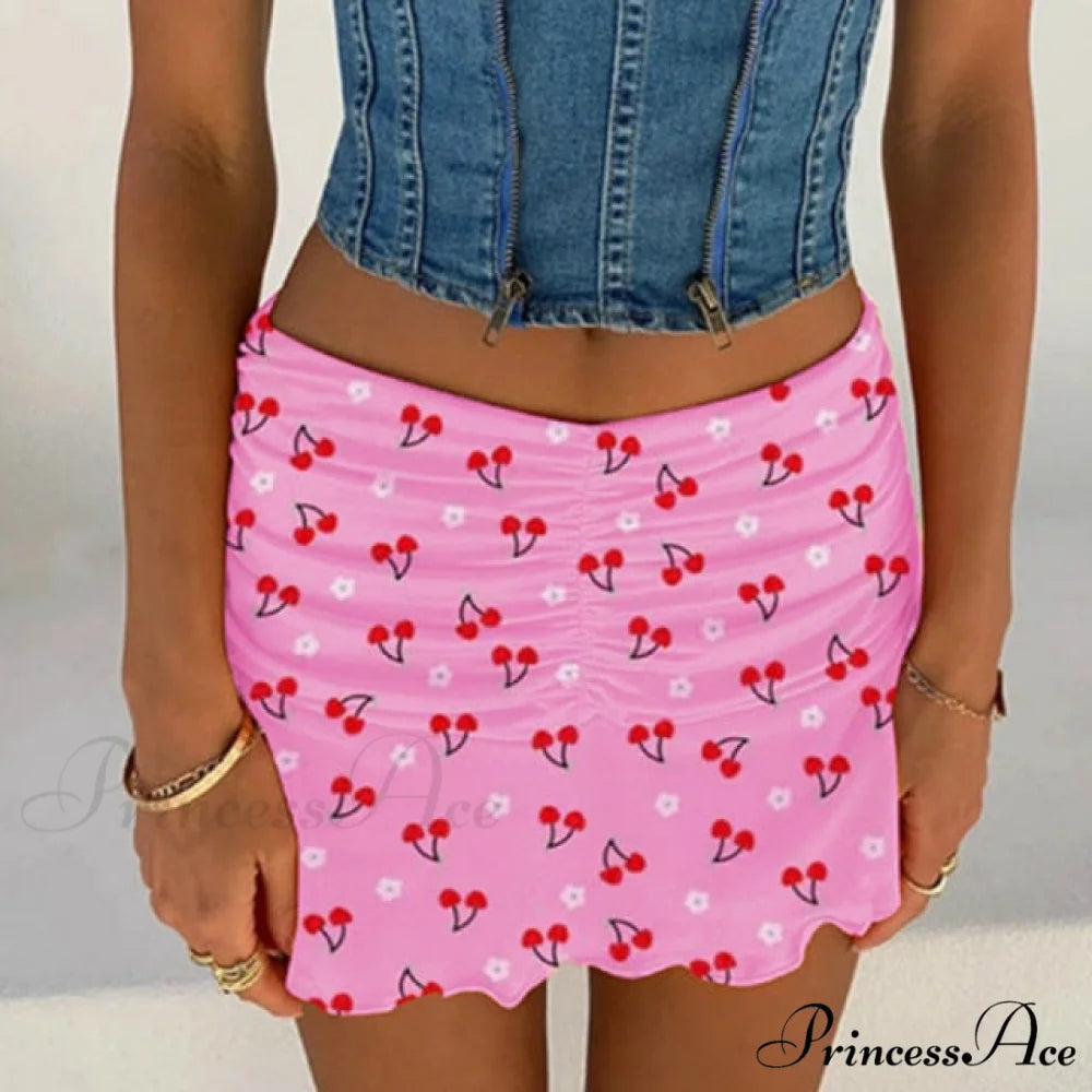 Floral Printing Ruched Slim Short Mini Skirt Floral Pink / S