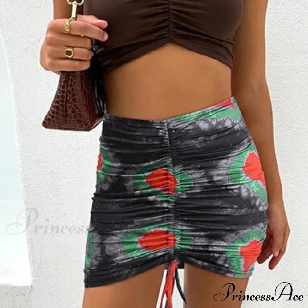 Floral Printing Ruched Slim Short Mini Skirt Print Black / S