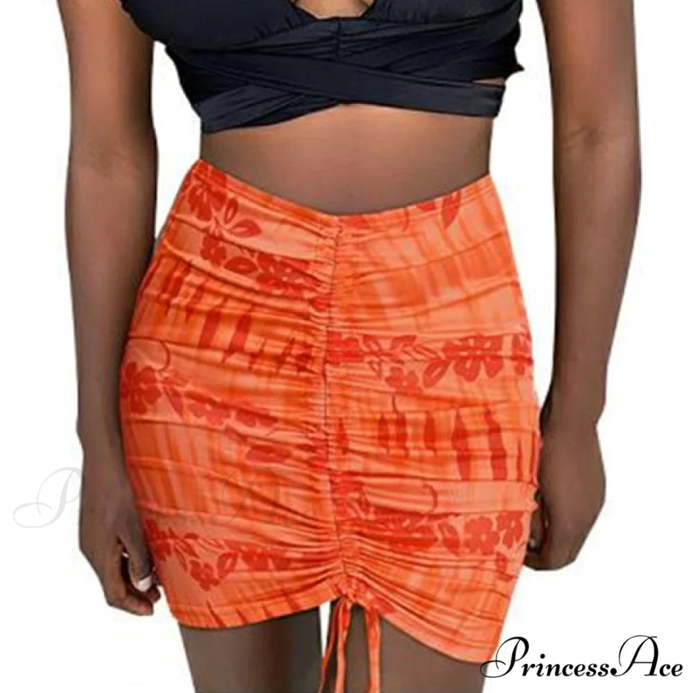 Floral Printing Ruched Slim Short Mini Skirt Print Orange / S