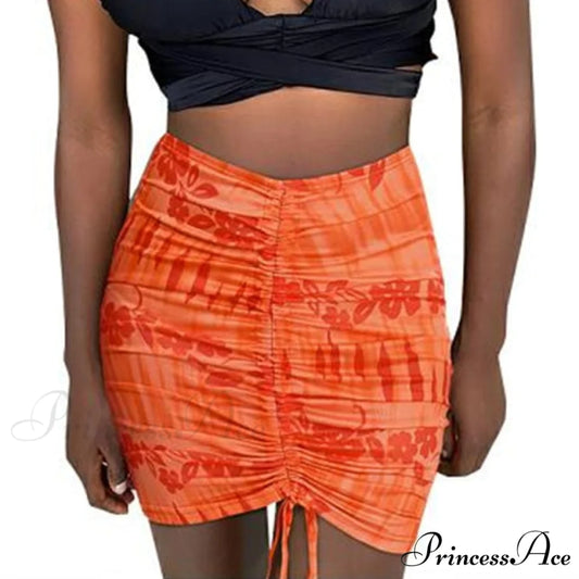 Floral Printing Ruched Slim Short Mini Skirt Print Orange / S