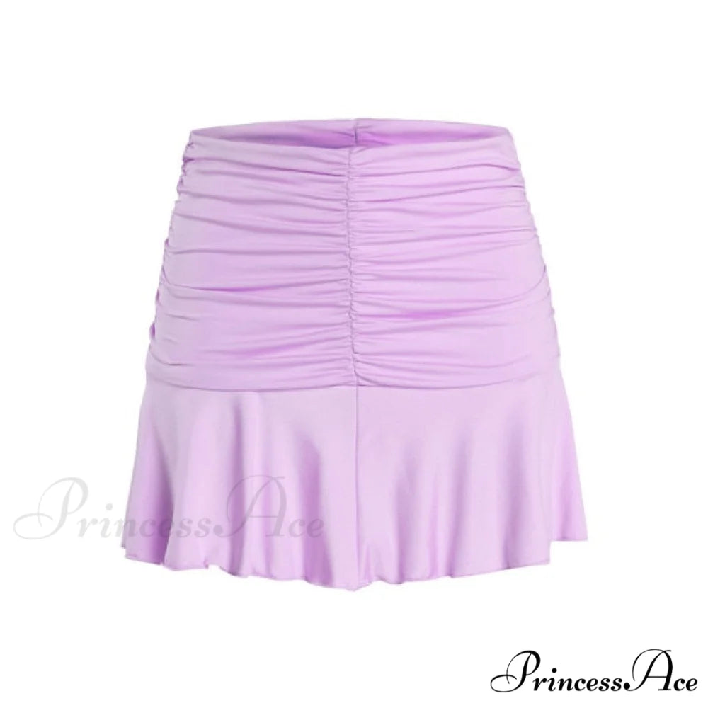 Floral Printing Ruched Slim Short Mini Skirt Purple / S