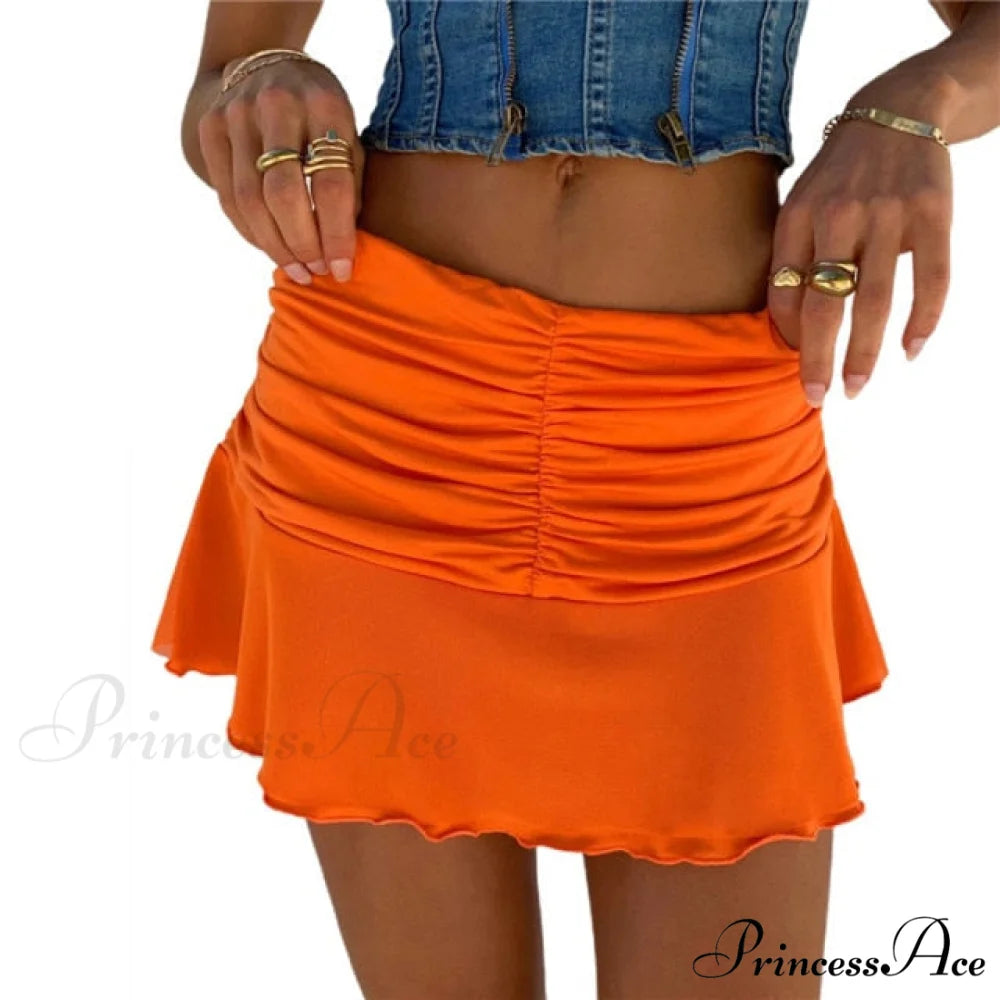Floral Printing Ruched Slim Short Mini Skirt Solid Orange / S
