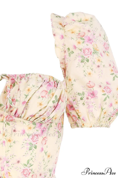 Floral Puff Sleeve Charming Boho Midi Dress