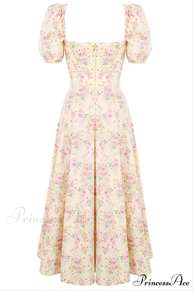 Floral Puff Sleeve Charming Boho Midi Dress