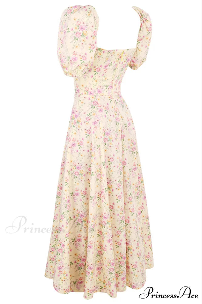 Floral Puff Sleeve Charming Boho Midi Dress