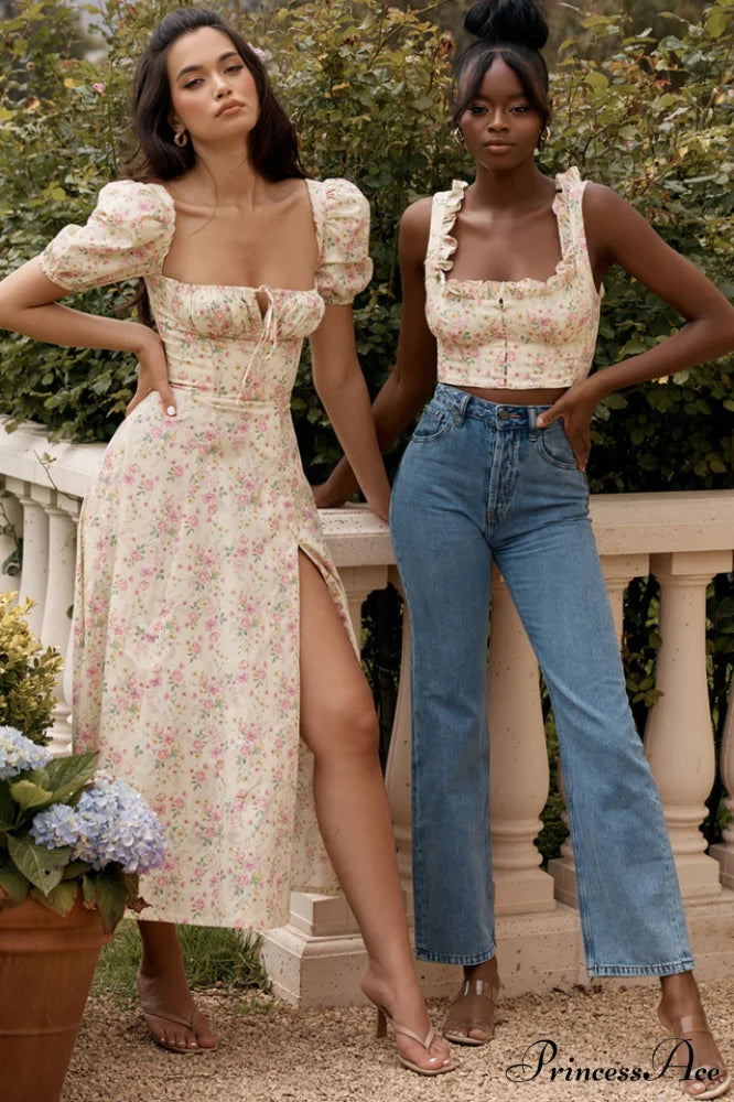 Floral Puff Sleeve Charming Boho Midi Dress
