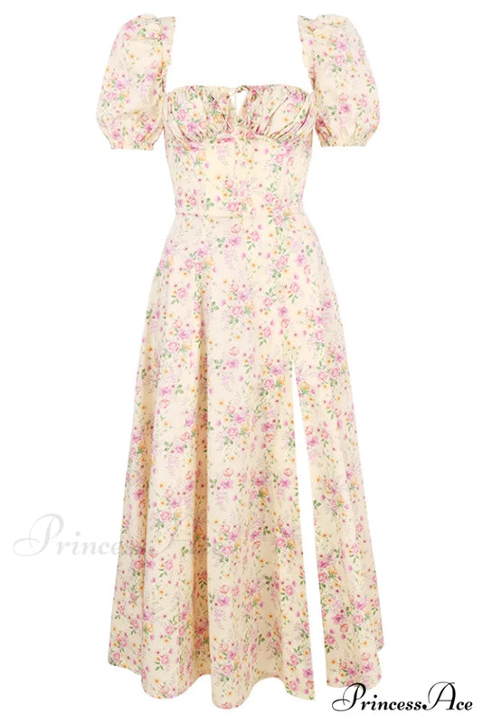 Floral Puff Sleeve Charming Boho Midi Dress S / Floral