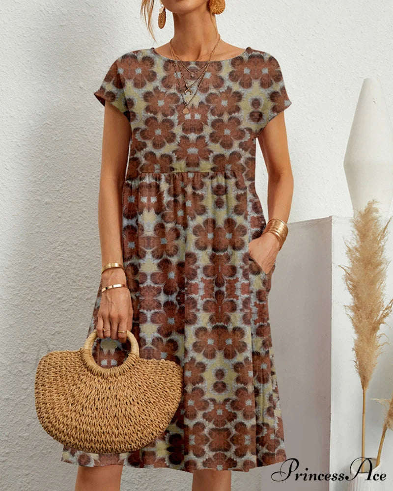 Floral Round Neck Dress Brun / S