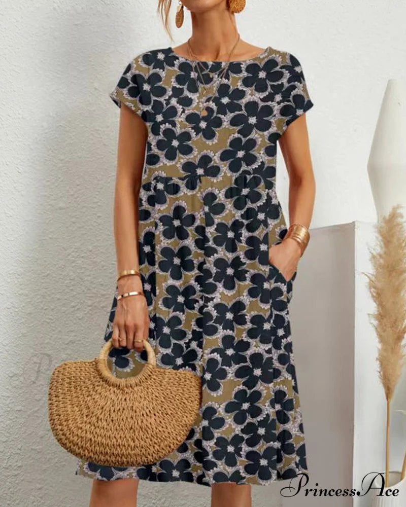 Floral Round Neck Dress Navy Blue / S