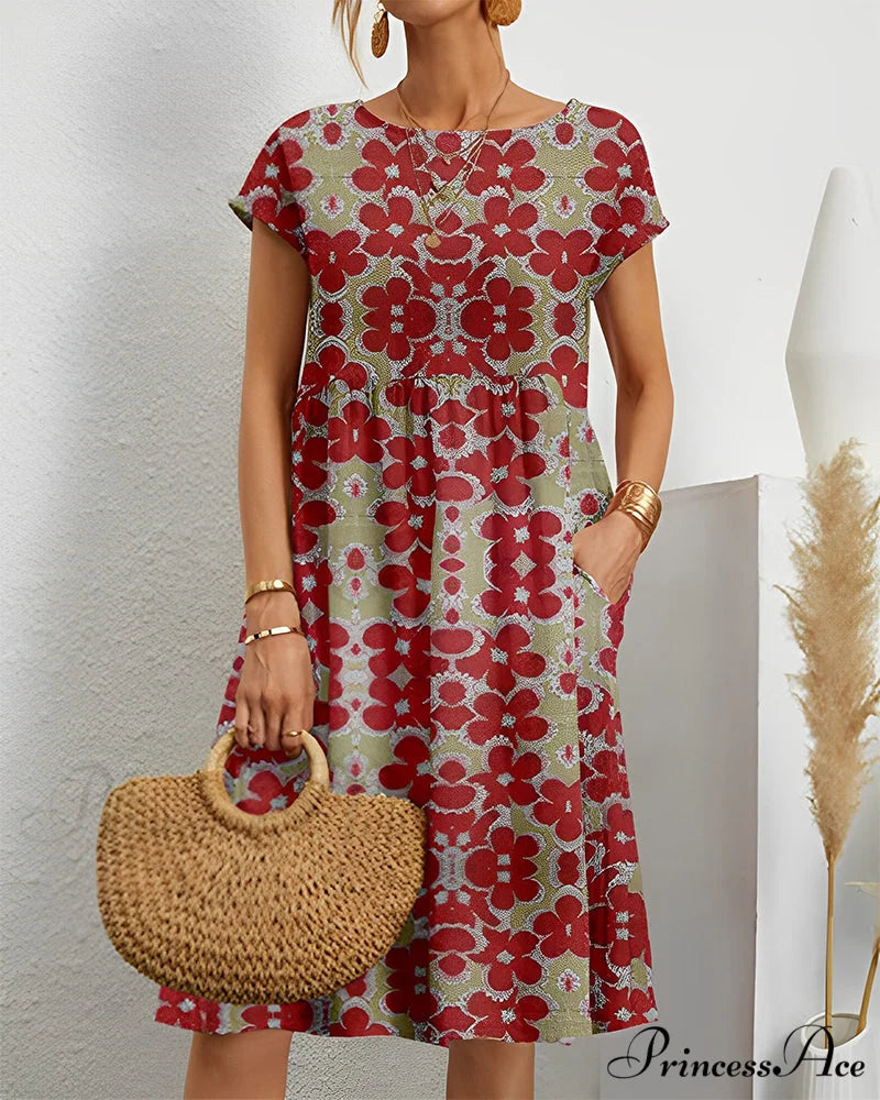 Floral Round Neck Dress Red / S