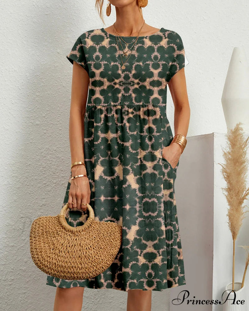 Floral Round Neck Dress Vert / S