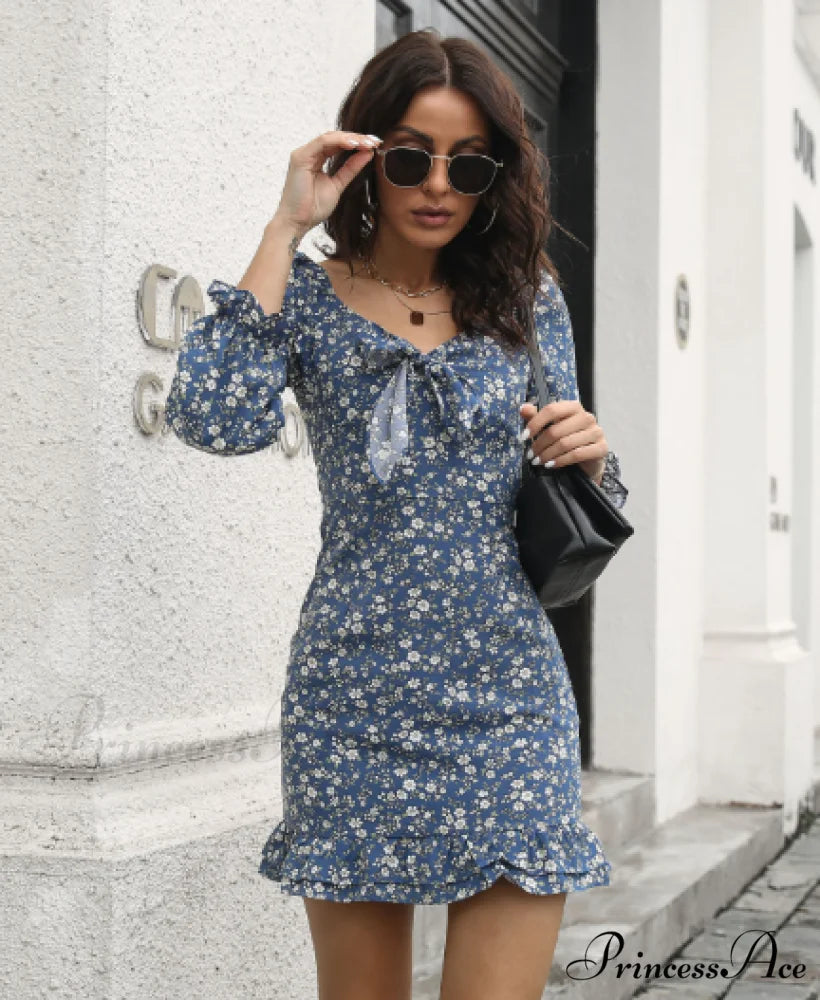 Floral Ruffled Bow Word Neck Dress S / blue