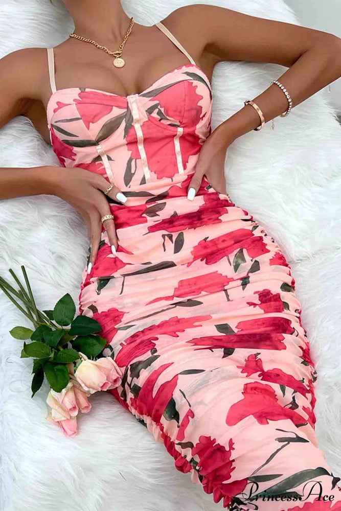 Floral Rushed Bodycon Cami Dress Pink / L