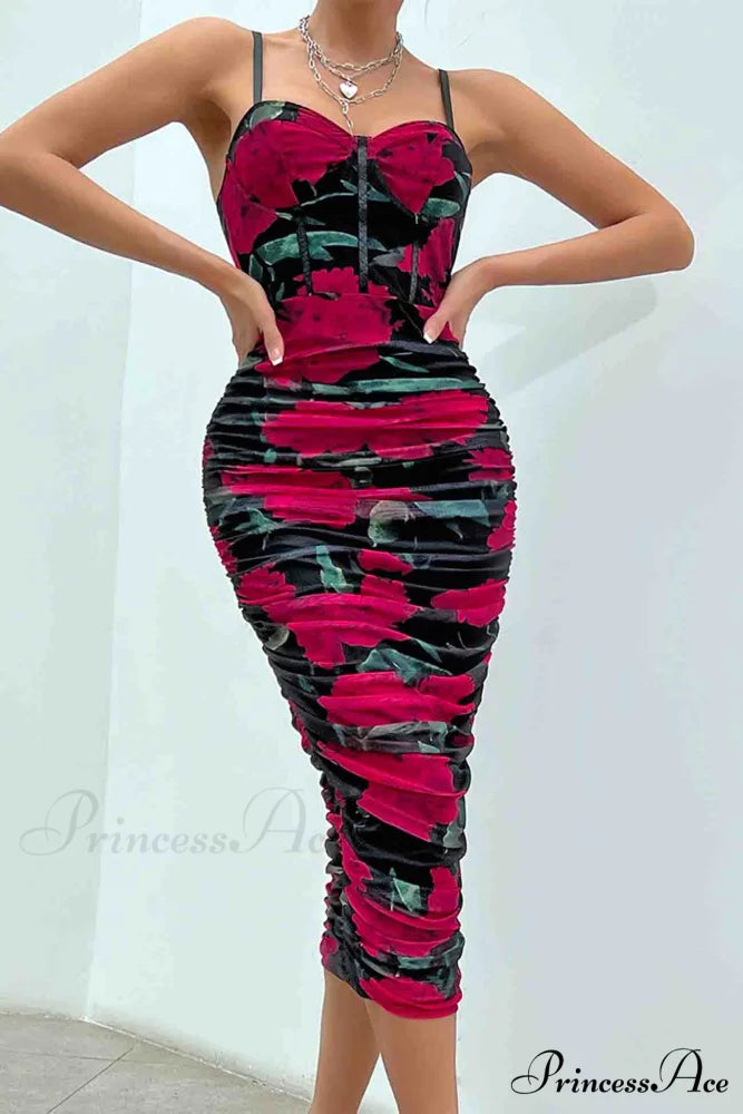 Floral Rushed Bodycon Cami Dress Rose / XS