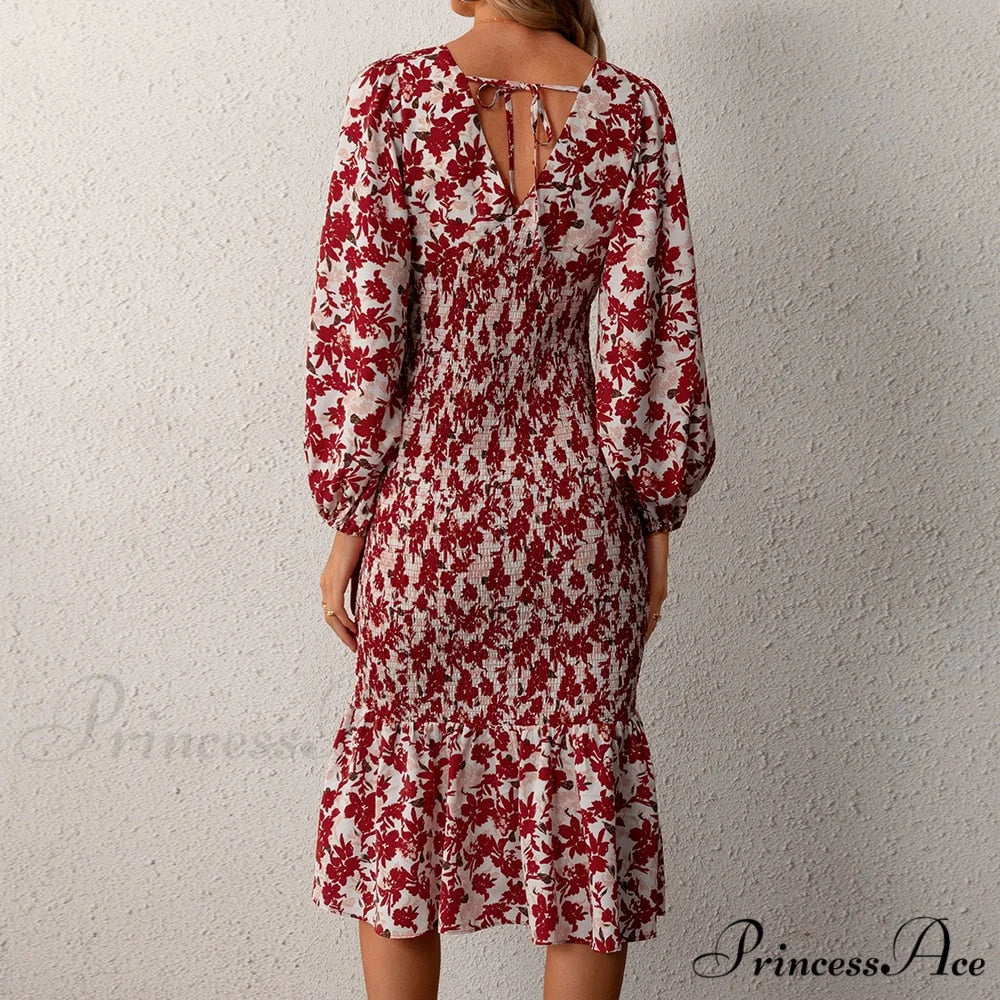 Floral Sexy Long Sleeve Bodycon Smocked Dress Red / XS