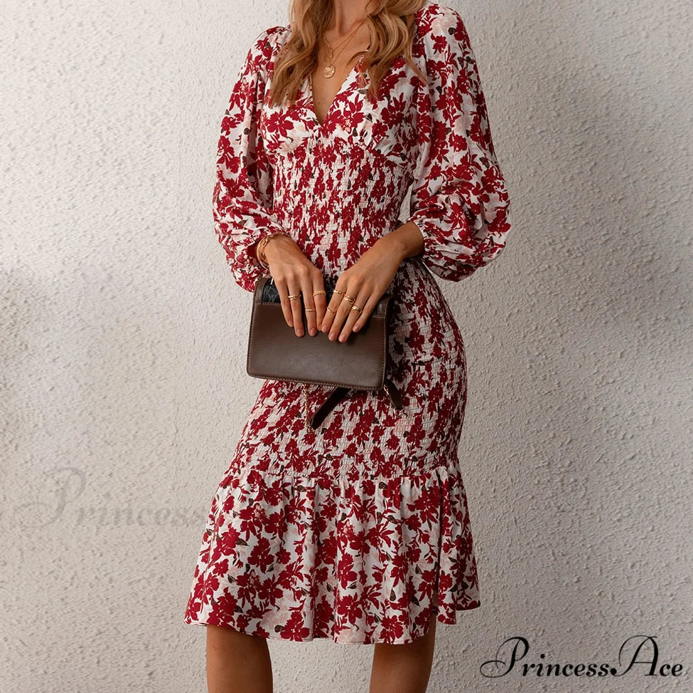 Floral Sexy Long Sleeve Bodycon Smocked Dress Red / XS