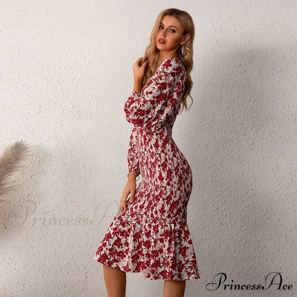 Floral Sexy Long Sleeve Bodycon Smocked Dress Red / XS