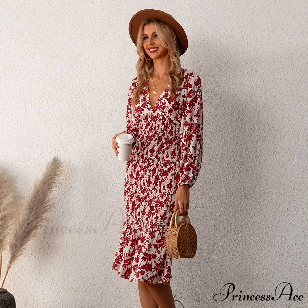 Floral Sexy Long Sleeve Bodycon Smocked Dress Red / XS
