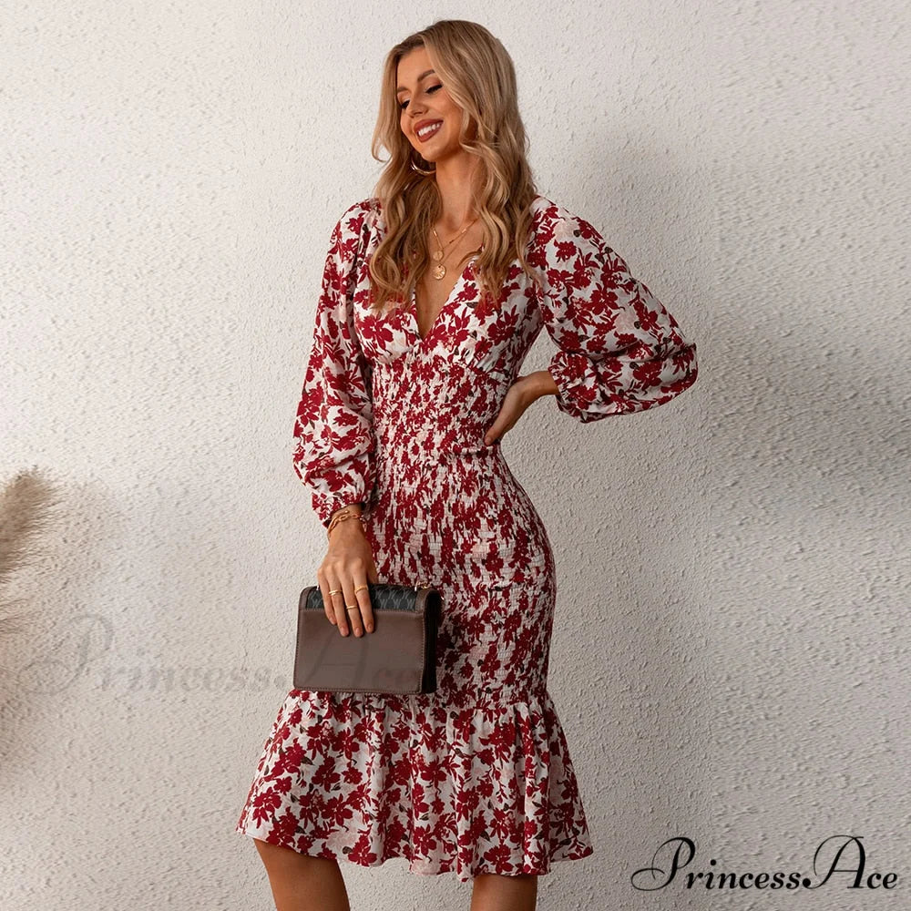 Floral Sexy Long Sleeve Bodycon Smocked Dress Red / XS
