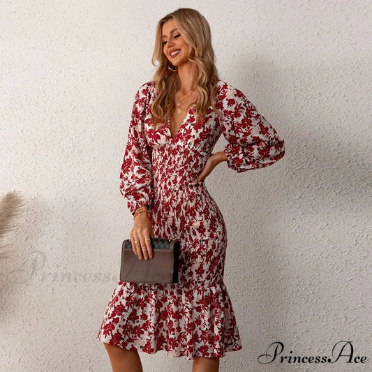 Floral Sexy Long Sleeve Bodycon Smocked Dress Red / XS