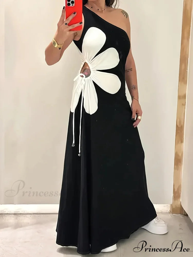 Floral Sleeveless Back Zipper Long Blossom Dress Black / S floraldress-250126