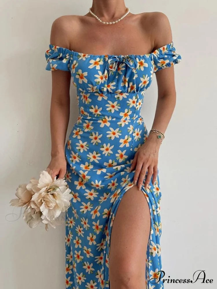 Floral Slit Midi Dress with Off The Shoulder Design S / Blue