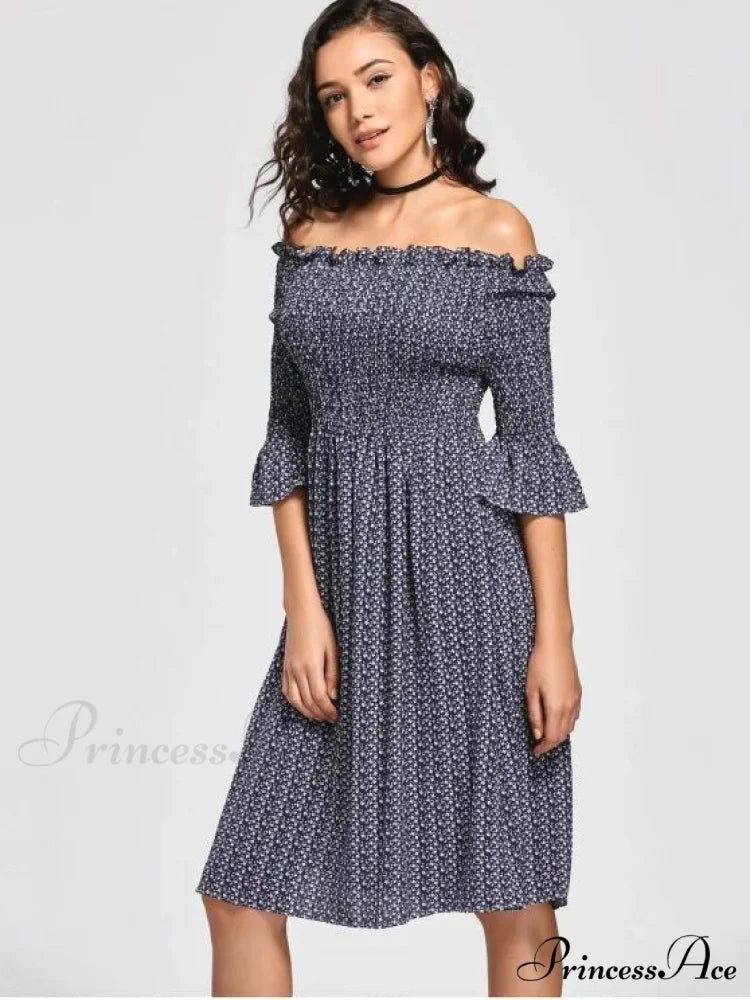 Floral Smocked Off Shoulder Midi Dress L / COFFEE