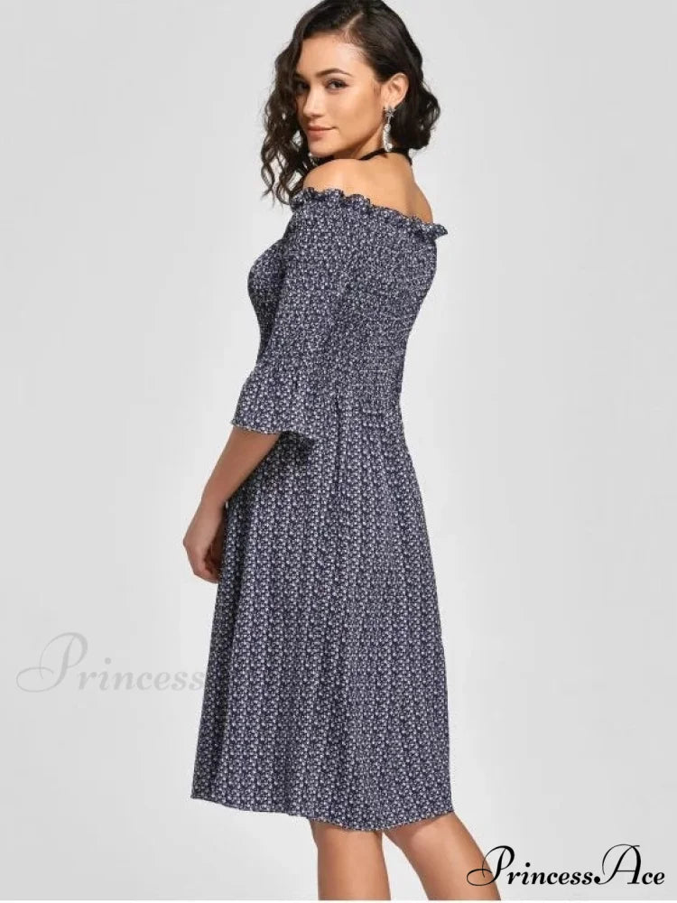 Floral Smocked Off Shoulder Midi Dress L / PURPLISH BLUE