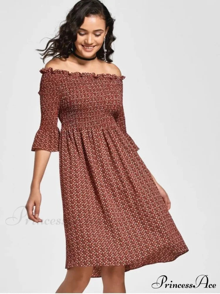 Floral Smocked Off Shoulder Midi Dress M / COFFEE