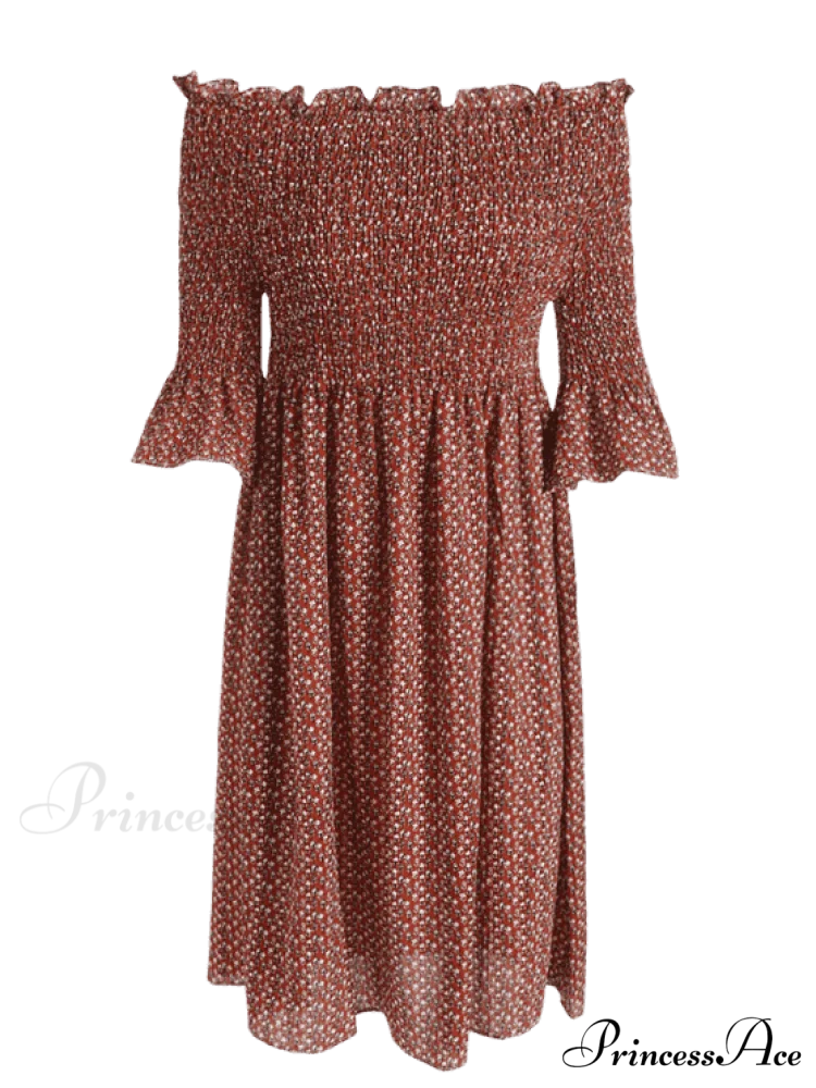 Floral Smocked Off Shoulder Midi Dress M / PURPLISH BLUE