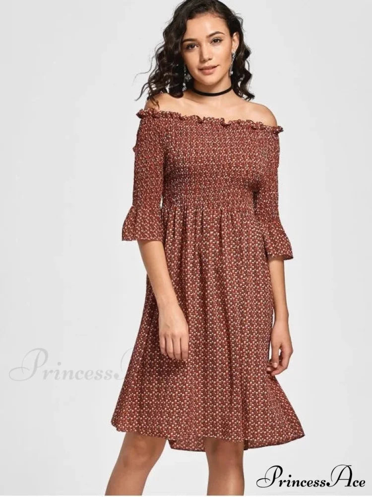 Floral Smocked Off Shoulder Midi Dress S / COFFEE