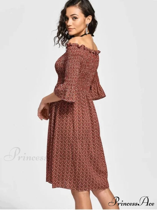 Floral Smocked Off Shoulder Midi Dress S / PURPLISH BLUE