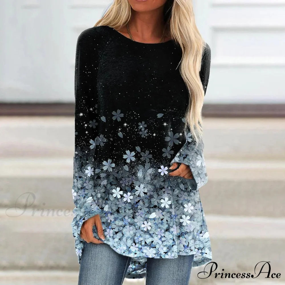 Floral Sparkly Glittery Painting T shirt Blue / XS